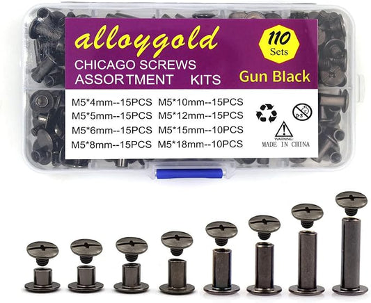 110 Sets Black Chicago Screws Leather Assorted Kit ，8 Sizes of Rivet Screws for Chicago Rivet for DIY Leather Craft and Bookbinding (M5 X 4, 5, 6, 8, 10, 12,15,18)
