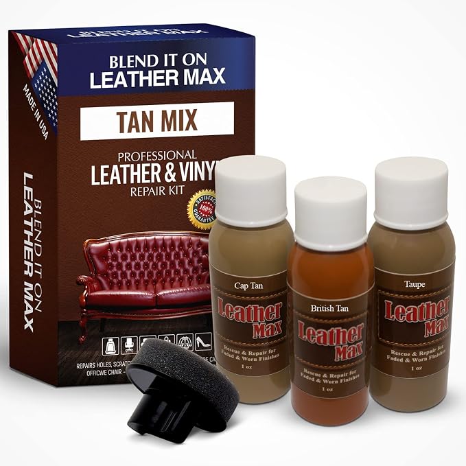 Leather Max Quick Blend Refinish and Repair Kit, Restore Couches, Recolor Furniture & Repair Car Seats, Jackets, Sofa, Boots / 3 Color Shades to Blend with Leather Vinyl Bonded and More (Tan Mix)