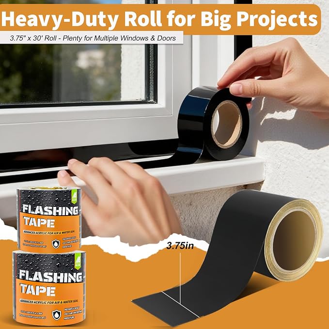 Flashing Tape for Windows and Doors, 3.75 in x 30 ft Roll, Acrylic Adhesive, Self-Adhesive Flashing Tape, Waterproof, UV Resistant,Great for Sealing Doors, Windows, and Construction & Repairs (6 pack)
