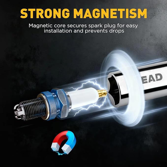 ELEAD 5/8" Swivel Magnetic Spark Plug Socket, 3/8" Drive x 12" Total Length, Thin Wall Spark Plug Removal Tool, 360 Degree Swivel, Enhanced Magnetic, 6-Point Design, Cr-V Steel