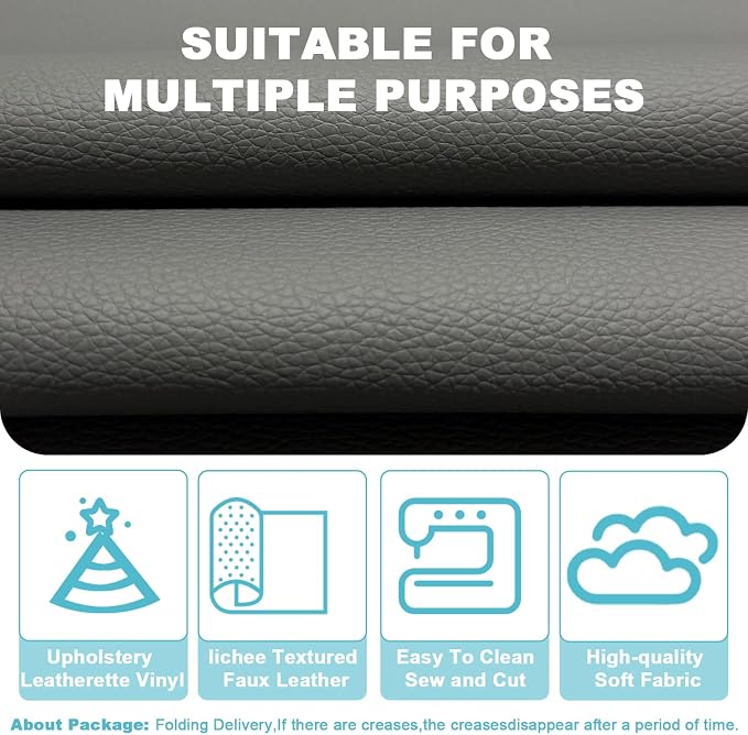 Gray Lychee Grain Faux Leather Fabric 39"x54" - Marine Grade Waterproof Vinyl Upholstery Fabric for Car Seats, Sofa & Durable DIY Crafts