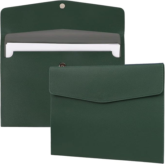 MultiBey A4 Document Holder, PU Leather File Folder, File Organizer Filing Envelope Portfolio Case with Magnetic Snap Button for Home School Office Stationery Green