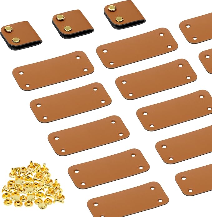 ONLYKXY Brown PU Leather Handmade Tag with Rivet Button for Knits,Rectangle Universal Blank Label Cute Repair Patch Soft Crochet Tape with Holes for DIY Clothing,Sewing Stamping,Keychain (30)