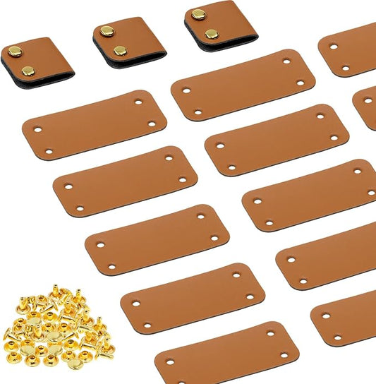 ONLYKXY Brown PU Leather Handmade Tag with Rivet Button for Knits,Rectangle Universal Blank Label Cute Repair Patch Soft Crochet Tape with Holes for DIY Clothing,Sewing Stamping,Keychain (30)