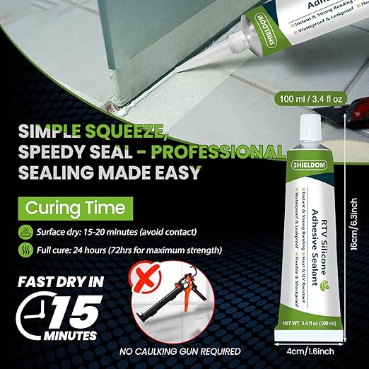 SHIELDOM RTV Silicone Sealant Waterproof Seal & Caulk All-Purpose Adhesive Stronger Adhesion, Shrink & Crack Proof Caulking Sealer for Car, Kitchen, Window, Bathroom, Door - Grey 3.4 Fl. Oz.