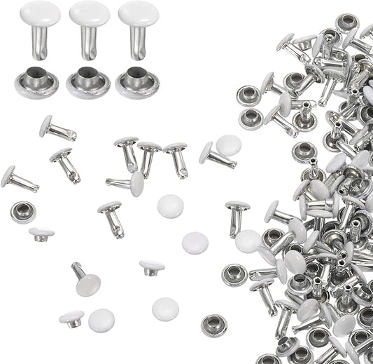 HARFINGTON 100 Sets Double Cap Leather Rivets, 6x8mm Round Cap Tubular Metal Studs Leather Crafting Rivets for Fabric Belt Pet Collar Boot Bag Repair and Decoration, White