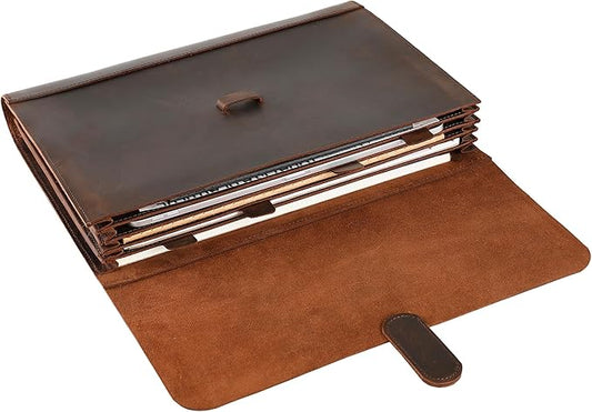 Genuine Leather File Folder, Accordian File Organizer, Leather Document Holder Resume Folio for Men & Women - Dark Brown