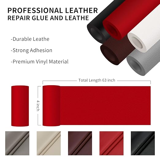 DOCAS Leather Repair Patch Tape Self Adhesive 4x63 inch, Cuttable Leather Repair Tape for Furniture, Vinyl Repair Kit for Car Seats, Upholstery, Couch, Sofa, Bags, Books, Chair, Dark Red