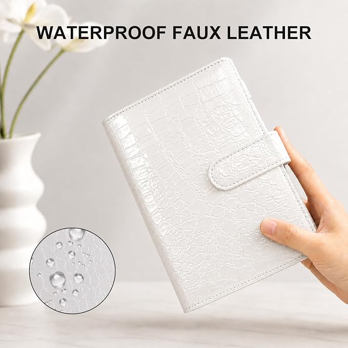 Convend A6/A5 Refillable 6 Ring Faux Leather Budget Binder,Mini Notebook Binder Cover for A5 Filler Paper,Loose Leaf Personal Planner Cover with Magnetic Buckle Closure(Crocodile-White)
