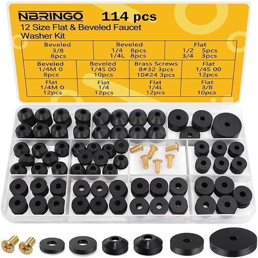 114-Piece 12 Sizes Faucet Washer Assortment Kit - Flat & Beveled Rubber Washers & Brass Bibb Screws for Outdoor Spigot, Hose Bib, Garden Valve Repair Replacement