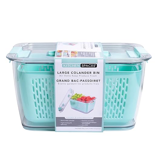 Kitchen Spaces Colander Bin, Produce Saver, Fridge Organizer With Lid, Wash, Strain and Store, Great for Refrigerator, Freezer and Pantry, X-Large, Mint Green, Pack of 1