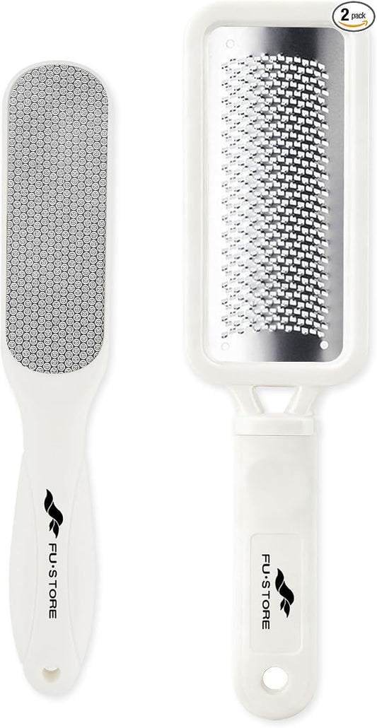 Fu Store 2 Pack Foot Files Callus Remover Stainless Steel Foot Rasp and Dual Sided Feet File Professional Scrubber Pedicure Tools Premium for Feet Care Remove Hard Skin, White