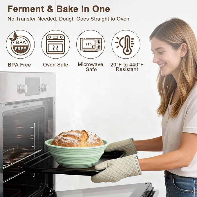 2Pcs Upgraded Silicone Banneton Bread Proofing Baskets, JOCXSPI 10" Oval & 9" Round Foldable Sourdough Bread Dough Proofing Bowl, BPA Free, Non-Stick, Oven & Dishwasher Safe