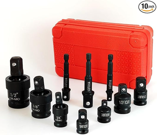 FUVONTA Impact Swivel Socket Adapter Set with Case - Universal Joint, Reducer & Drill Adapter (1/4" 3/8" 1/2") | CR-MO Steel for Automotive Repair, DIY Projects & Off-Road Emergencies (10 PC)