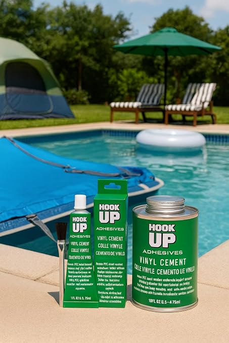 HOOK UP Vinyl Cement – Waterproof Pool Liner Repair Glue for Vinyl & PVC, Fast-Drying Flexible Contact Cement for Inflatables, Air Mattresses, Boats, Tarps, Hot Tubs & Pool Patch Repairs (16 oz)