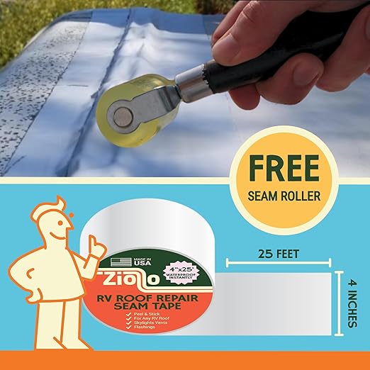 Ziollo RV Roof Repair Seam Tape with Roller - 4" x25' Waterproof Tape for Campers, Motorhomes & Trailers - Works on EPDM, TPO, Metal & Fiberglass (White)