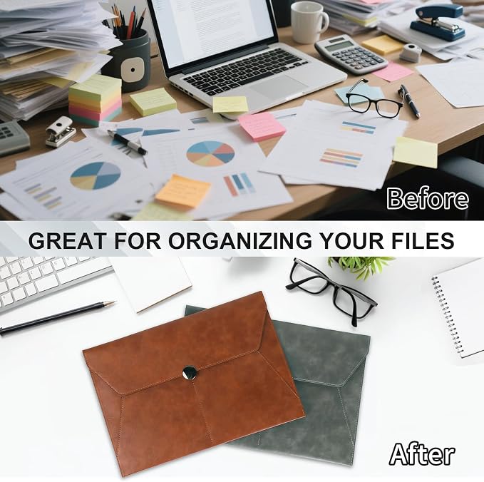MultiBey PU Leather A4 Document Holder File Organizer with Snap Closure, Waterproof/Water‑Resistant A4 & Letter Size Envelope Folder 13 x 9.5 in - Holds up to 100 Sheets (Amber Brown)