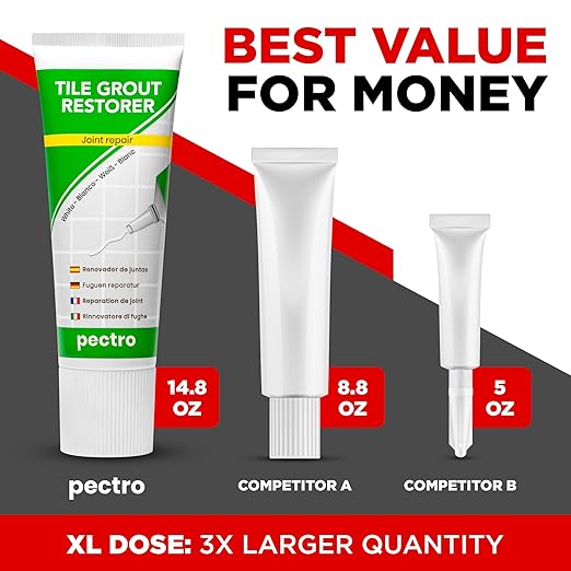 PECTRO Tile Grout Repair Paste, White, 14.1 oz (400 g) Squeeze Tube with Adjustable Spatula - Fast Drying, Odorless Filler for Grout Lines, Cracks & Gaps (Bathroom, Kitchen, Floor Tile) (KIT X 1)