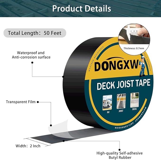 Dongxw Joist Tape for Decking 2" x 50', 8 Rolls Butyl Deck Flashing Tape, Weather-Resistant and Waterproof, Self-Adhesive for Wood Joists, Decks, Beams, Roofs, RV Repairs