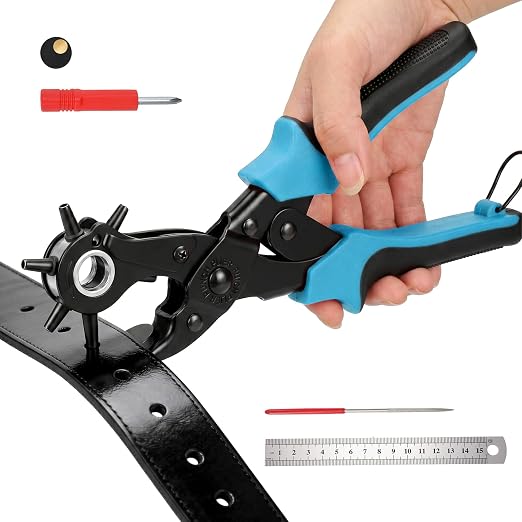 XZQTIVE 6 Sizes Heavy Duty Revolving Punch Plier Kit, Double Lever Labor-Saving Belt Hole Puncher Tool Set for Leather Repair, Watch Bands, Bag Straps, Dog Collars, Saddles, Shoes, Fabric, DIY Crafts