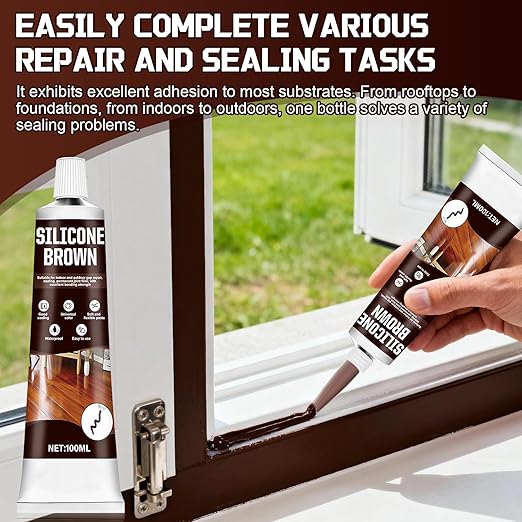 Brown Caulk, Brown Silicone Caulk, Browns Caulking with Nozzle and Scraper Strong Adhesion Flexibility Indoor Waterproof Widely Applicable for Doors Windows Kitchens Bathrooms, 3.33 oz