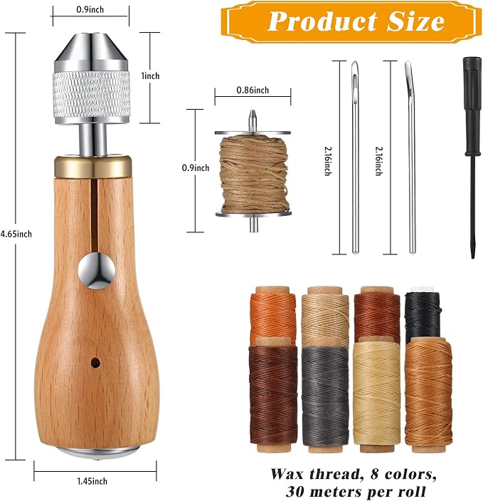 WILLBOND 12 Pcs Leather Sewing Awl Kit Hand Stitcher Including Handheld Sewing Repair Awl Straight and Bent Needles and 8 Rolls Waxed Threads with Small Screwdriver for DIY Craft