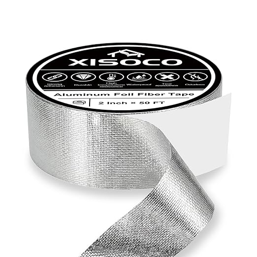 2Inch × 50FT Aluminum Foil Fiber Tape, for Duct Work, HVAC Fiberglass Heat Shield Tape, Greenhouse Sealing Tape, Heavy Duty Waterproof Silver Aluminum Foil Fiber Seal Tape
