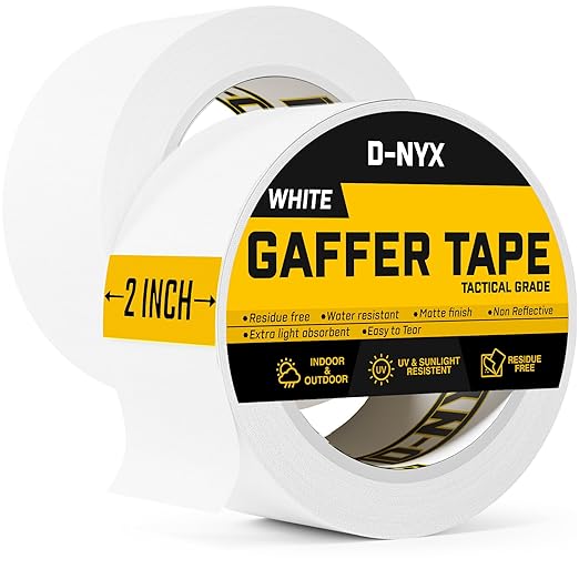 D-NYX Gaffer Tape 2 Inch x 2 Pack White Gaff Tape No Residue, Heavy Duty Gaffers Tape, Multipurpose Matte Finish Non-Reflective Waterproof Real Professional Grade White Gaffer Tape
