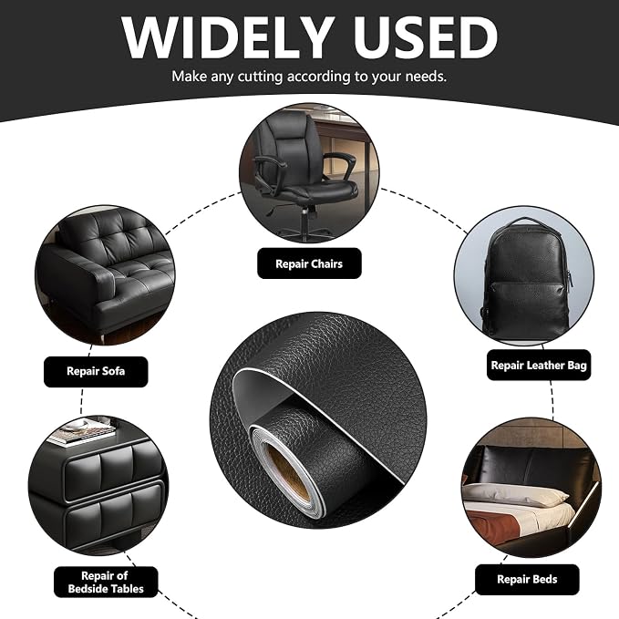 Leather Repair Patch 15.7x40 inch Large Self-Adhesive Leather Repair Tape Vinyl DIY Leather Repair Kit for Sofa Car Seats Chairs Shoes Bags Damaged Leather Furniture (Black)