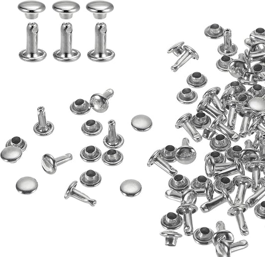 HARFINGTON 100 Sets Double Cap Leather Rivets, 6x8mm Round Cap Tubular Metal Studs Leather Crafting Rivets for Fabric Belt Pet Collar Boot Bag Repair and Decoration, Silver
