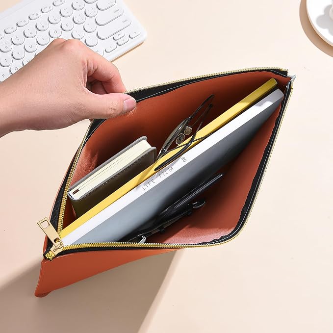 PU Leather A4 File Folder Zipper Document Holder Envelope Folder Case for Receipt Contract (1, Brown)