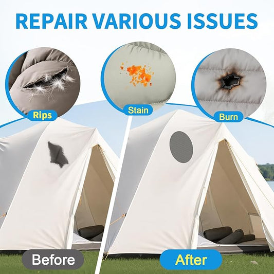 Waterproof Self-Adhesive Nylon Patches for Tent Repair Kit, 24pcs Outdoor Gear Tenacious Repair Tape, Fabric Patches for Clothes, Down Puffer Jacket, Tent, Sleeping Bag, Backpack, Light Gray