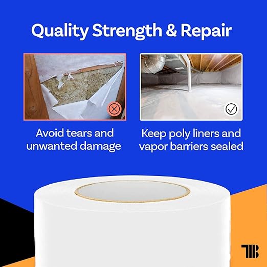 Vapor Barrier Tape - 4 inch x 180' Roll, Made in USA, White Polyethylene Tape for Crawl Spaces & Moisture Barriers, Waterproof Seal & Seam Tape for Underlayment, Insulation, and Plastic Liners