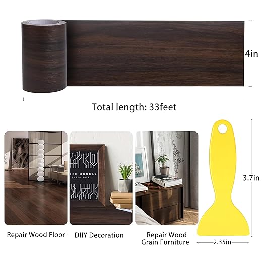 4" X33' Size Realistic Wood Grain Repair Tape, Self Adhesive Wood Grain Repair Patch for Tables, Chairs, Doors, Windows, Floors, Furniture Renovation, Handicraft DIY. With Plastic Scraper. Dark Walnut