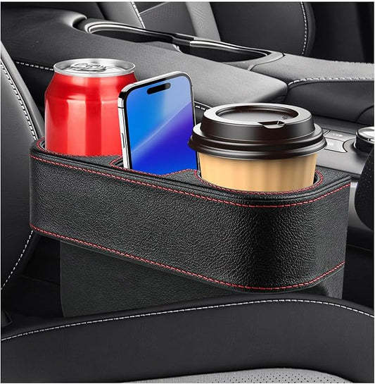 Car Cup Holder Gap Filler Organizer, Multifunctional Car Console Side Organizer with 2 Cup Holders, Leather Seat Gap Filler Portable Drink Holders Storage Box for Most Vehicles (Black)
