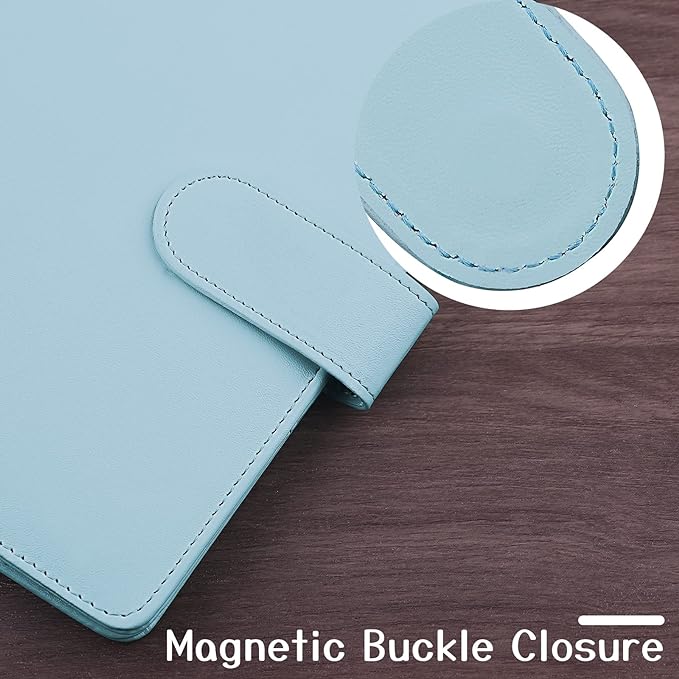 Antner A6 PU Leather Notebook Binder Refillable 6 Ring Budget Binder for A6 Filler Paper, Loose Leaf Personal Planner Binder Cover with Magnetic Buckle, Mint Blue