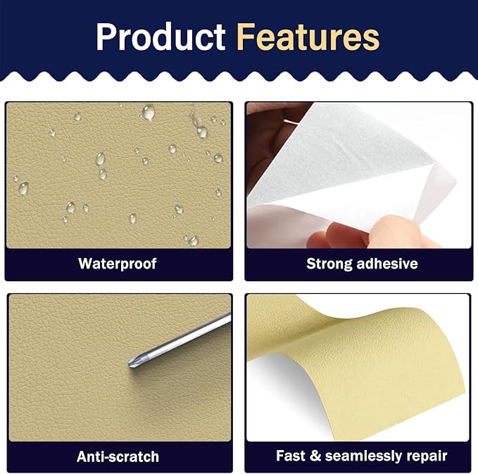 Zenyao Leather Repair Patch Tape - Self Adhesive Leather Repair Kit for Car Seat Furniture, Vinyl Repair Patch for Couch Sofa, Waterproof Fix for Tears, 8x11 Inch Sheet, 2 Pieces, White Khaki