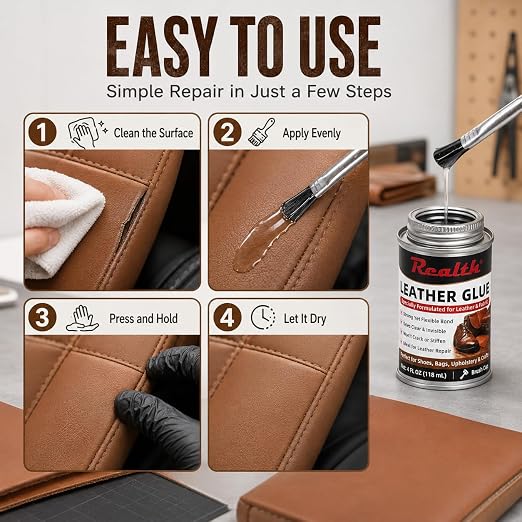 Realth Leather Adhesive Glue 4 oz Brush Can, Heavy Duty Contact Cement | Fast Drying Flexible Bond for Shoe Repair, Upholstery, Automotive Interior, Leather Craft, Fabric, Rubber & DIY Repairs