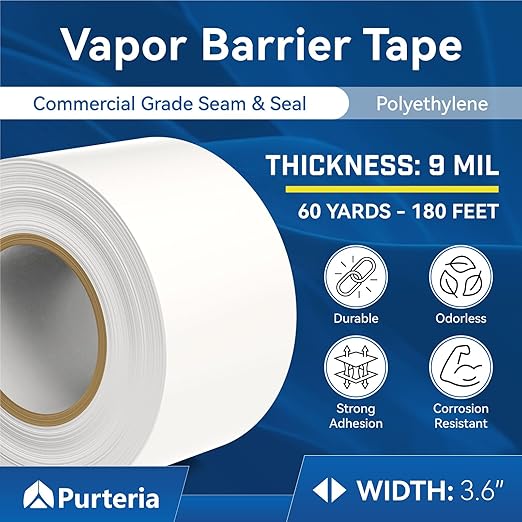 Vapor Barrier Tape, 3.6" x 180', 9 Mil Easy-to-Use Polyethylene Tape for Crawl Space, Moisture Barries, Waterproof, Repair, Insulation, Underlayment and More, 1 Roll