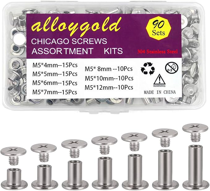 90 Sets 304 Stainless Steel Chicago Screws Leather Assorted Kit, 7 Sizes of Screw Rivets for Crafts, Clothing, Shoes, Belts, Bags and Projects (M5 X 4, 5, 6, 7, 8, 10, 12)