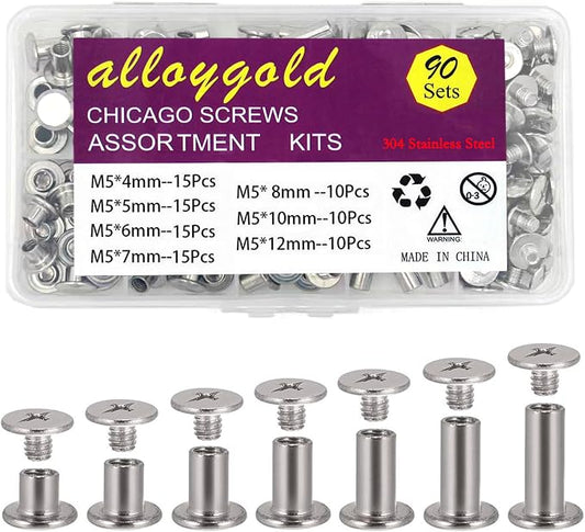 90 Sets 304 Stainless Steel Chicago Screws Leather Assorted Kit, 7 Sizes of Screw Rivets for Crafts, Clothing, Shoes, Belts, Bags and Projects (M5 X 4, 5, 6, 7, 8, 10, 12)