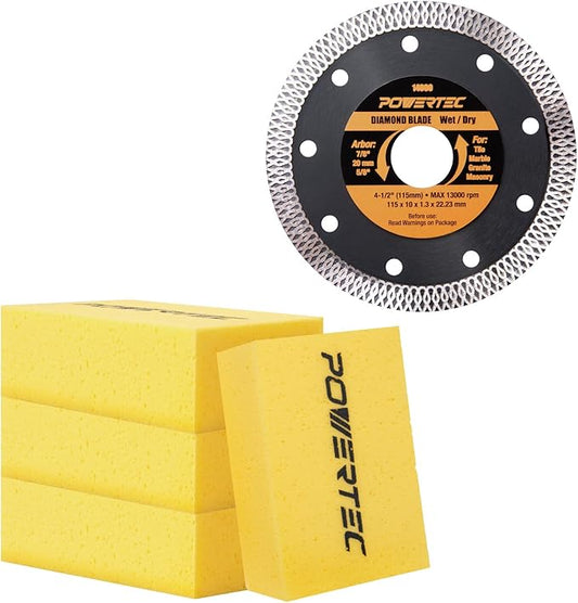POWERTEC 14031 4-1/2 Inch Diamond Saw Blade for Angle Grinder – 1pk Super Thin Turbo Mesh Rim Blade for Cutting Porcelain, Granite & Ceramic Tile w/ 4pk Large Square Grout Sponge – Tile Grout Removal