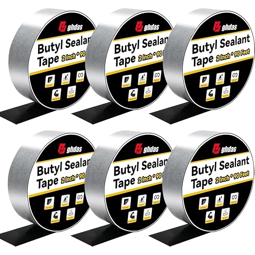Bghdas - 6 Pack Butyl Sealant Tape 2" X 90' - Double Sided - Black Vapor Barrier Butyl Tape for Wall of Crawl Space, Rv Windows, Deck Boat, Crawlspace (Waterproof, Weatherproof)