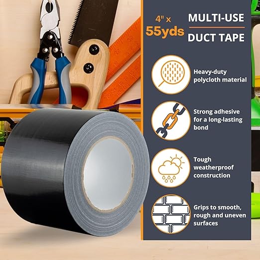 GTSE Wide Duct Tape, Black, 4 Inches x 55 Yards (164 ft), Heavy Duty, Waterproof Repair Tape for Indoor or Outdoor Use, 12 Rolls