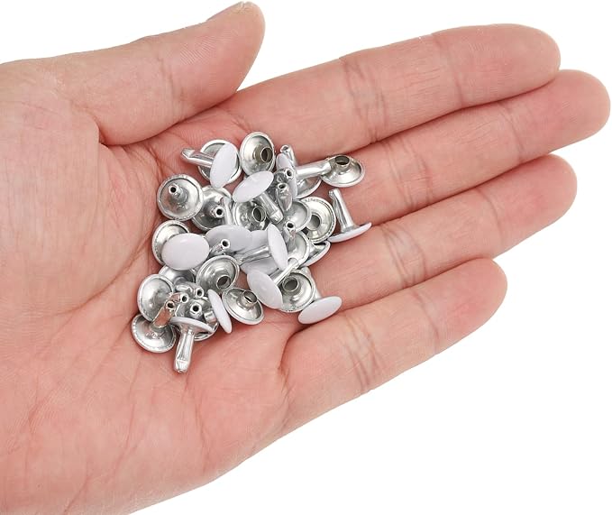 HARFINGTON 100 Sets Double Cap Leather Rivets, 10x10mm Round Cap Tubular Metal Studs Leather Crafting Rivets for Fabric Belt Pet Collar Boot Bag Repair and Decoration, White