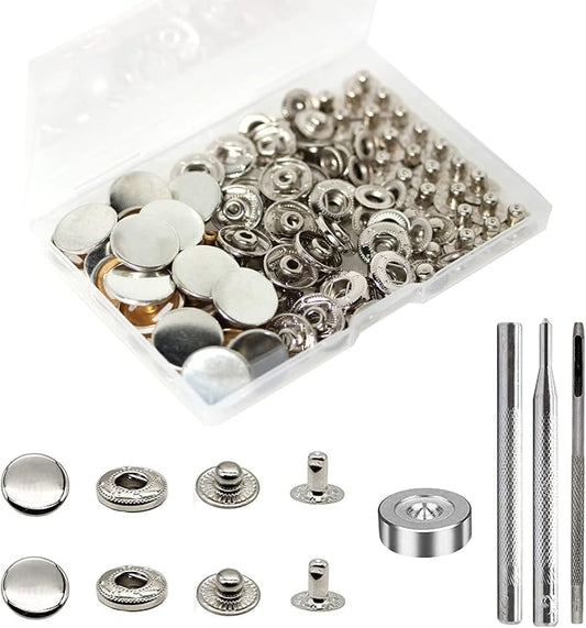 BetterJonny 24 Sets Heavy Duty Leather Snap Fasteners Kit, 17mm Metal Snap Buttons Press Studs Leather Rivets Snaps with 4 Setter Tools for Clothes Bracelet Jackets Jeans (Silver)