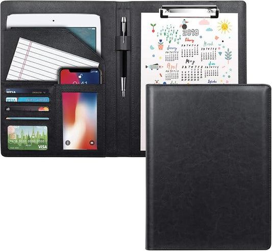 Business Portfolio Folder for Men Women, Padfolio Cover, Conference/Resume/Legal Document Organizer with Letter/A4 Size Clipboard Hardboard, Business Card Holders, Document Sleeve, Black