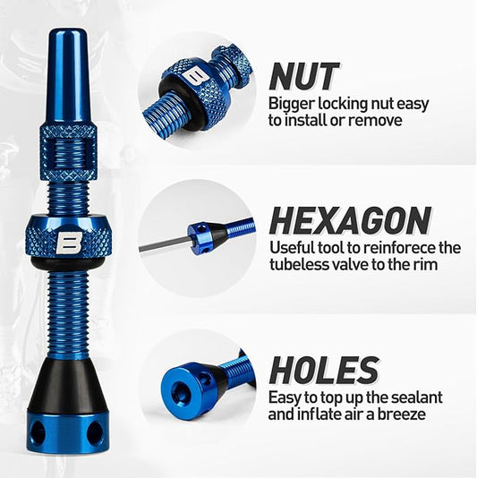 BWSHLF Tubeless Presta Valve Stem 40/44/55/60/65/80/100 mm, Super Light Alloy Presta Valve Stem Kit with Valve Core Remover Tool and Valve Stem Caps - Multiple Color and Size Options(Pair)