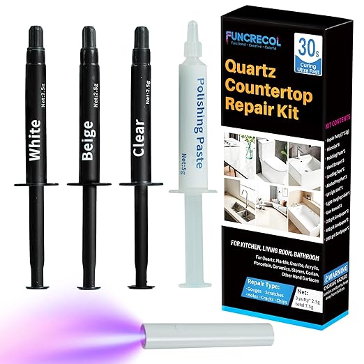 Quartz Countertop Repair Kit (Clear, White, Beige) Granite & Marble Repair Kit, 30s Quick-Drying Repair Chip for Edge Chips, Cracks, Scratches and Holes on Ceramic Tile, Bath Tub, Sink and Other Stone Surfaces - Pro Surface Repair