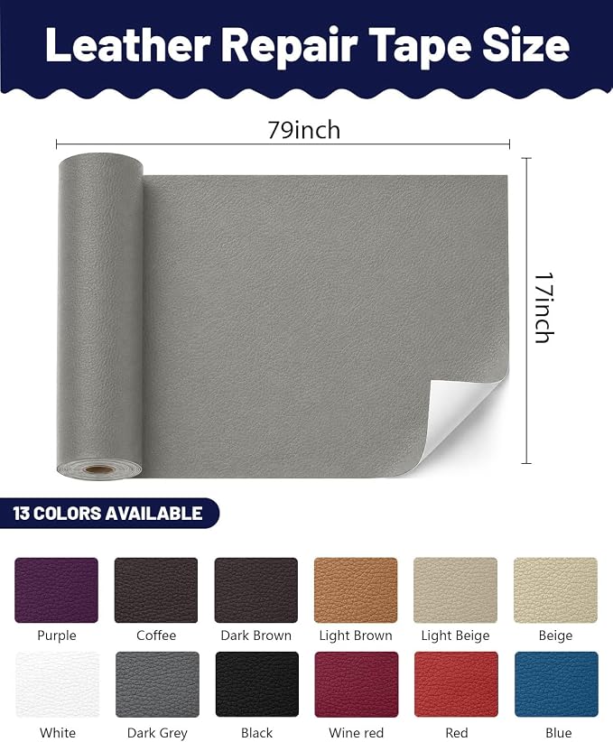 BOUYEER Leather Repair Patch Tape Kit,Self Adhesive Leather Repair for Sofa，Car Seat,Office Chair,Furniture,Jacket,Waterproof Strong Adhesive Vinyl Repair Kit. 17 in x 79 in,Grey